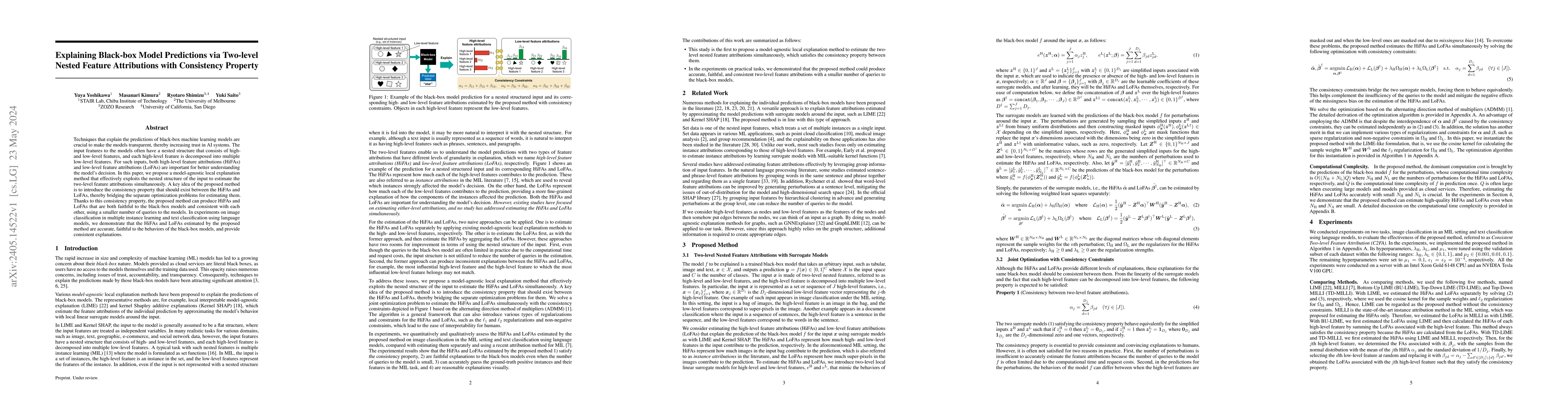 Thumbnail for Explaining Black-box Model Predictions via Two-level Nested Feature
  Attributions with Consistency Property