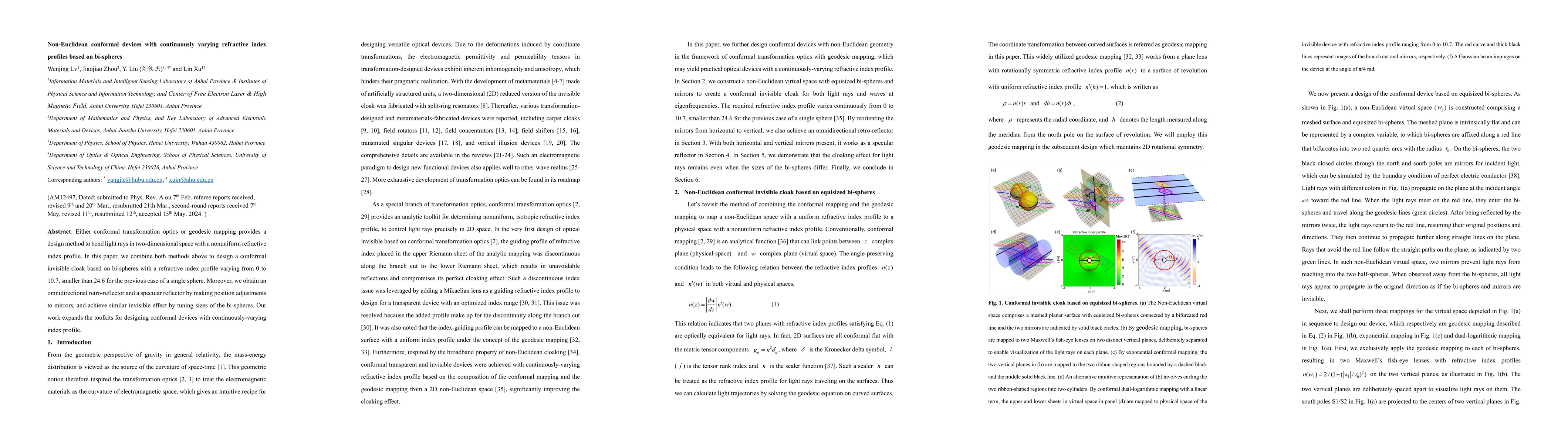 Thumbnail for Non-Euclidean conformal devices with continuously varying refractive
  index profiles based on bi-spheres
