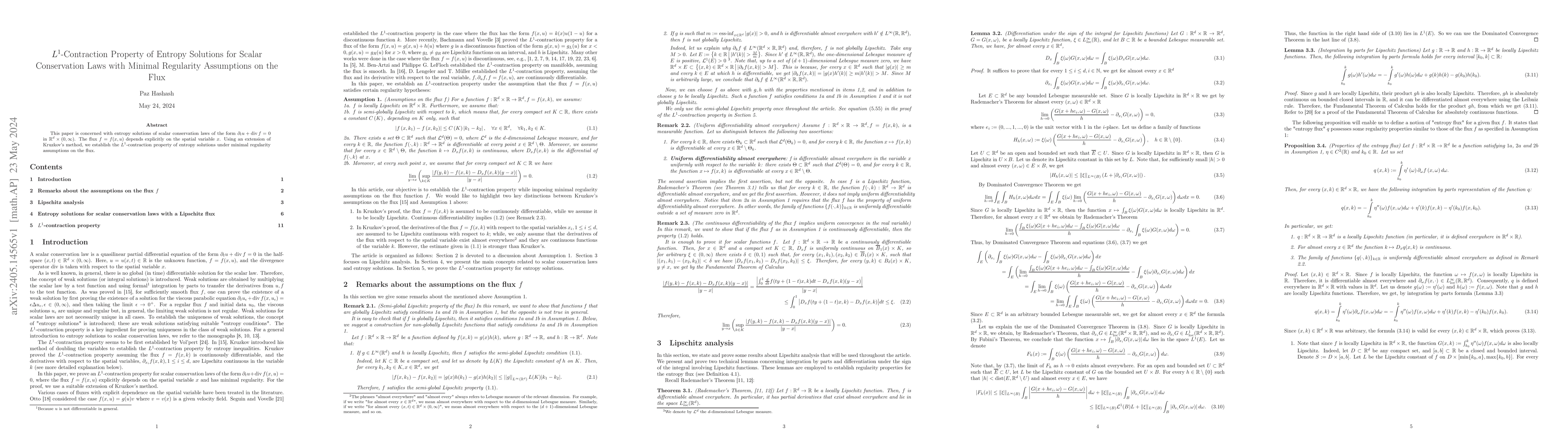 Thumbnail for $L^1$-Contraction Property of Entropy Solutions for Scalar Conservation
  Laws with Minimal Regularity Assumptions on the Flux