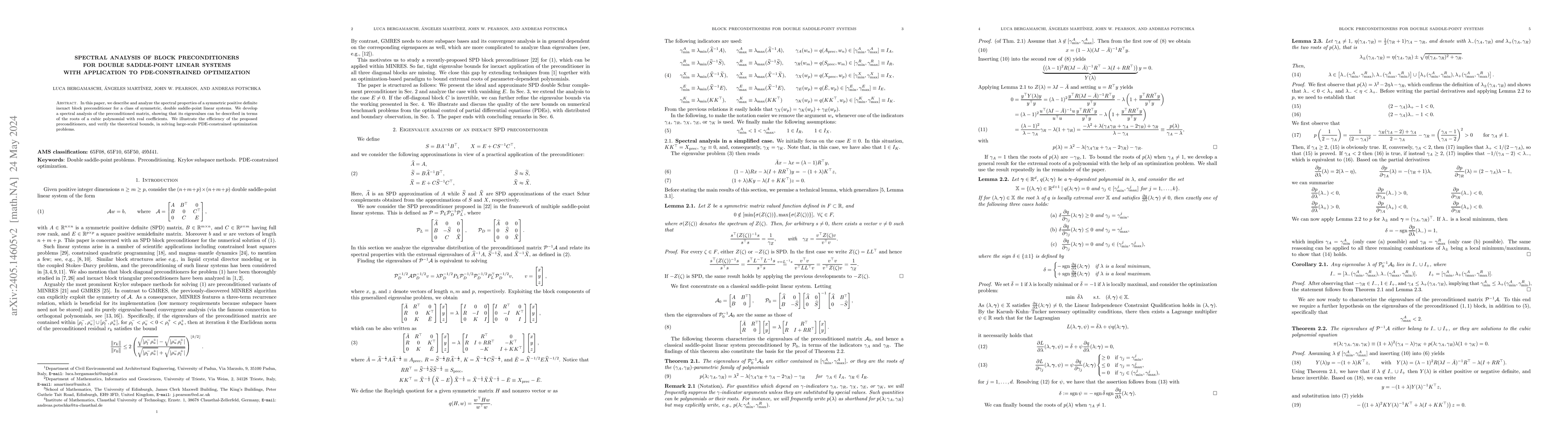 Thumbnail for Spectral analysis of block preconditioners for double saddle-point
  linear systems with application to PDE-constrained optimization