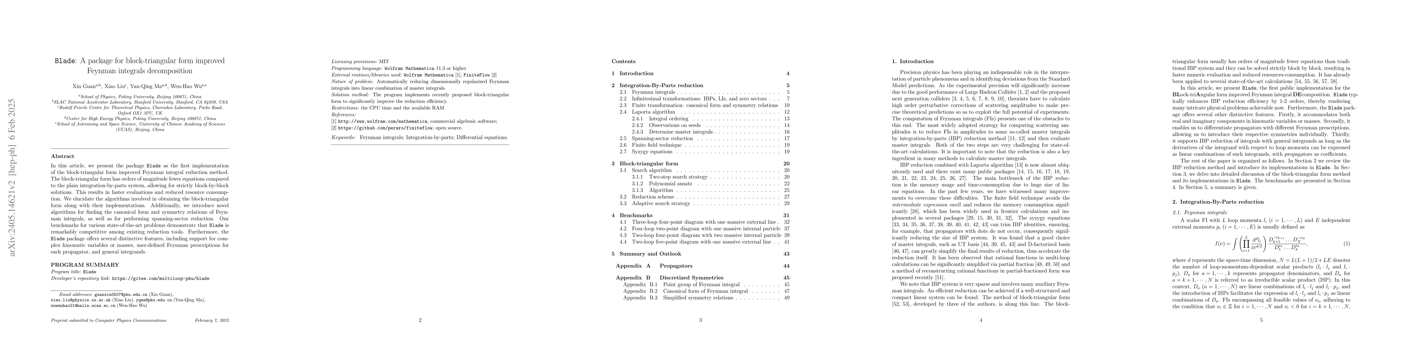 Thumbnail for Blade: A package for block-triangular form improved Feynman integrals
  decomposition