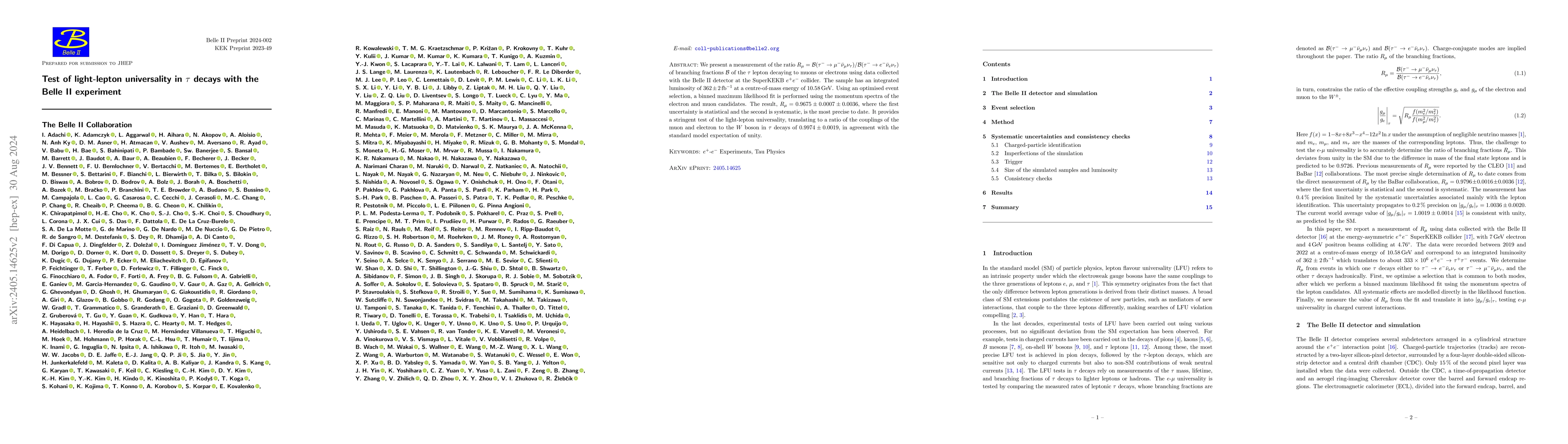 Thumbnail for Test of light-lepton universality in $\tau$ decays with the Belle II
  experiment