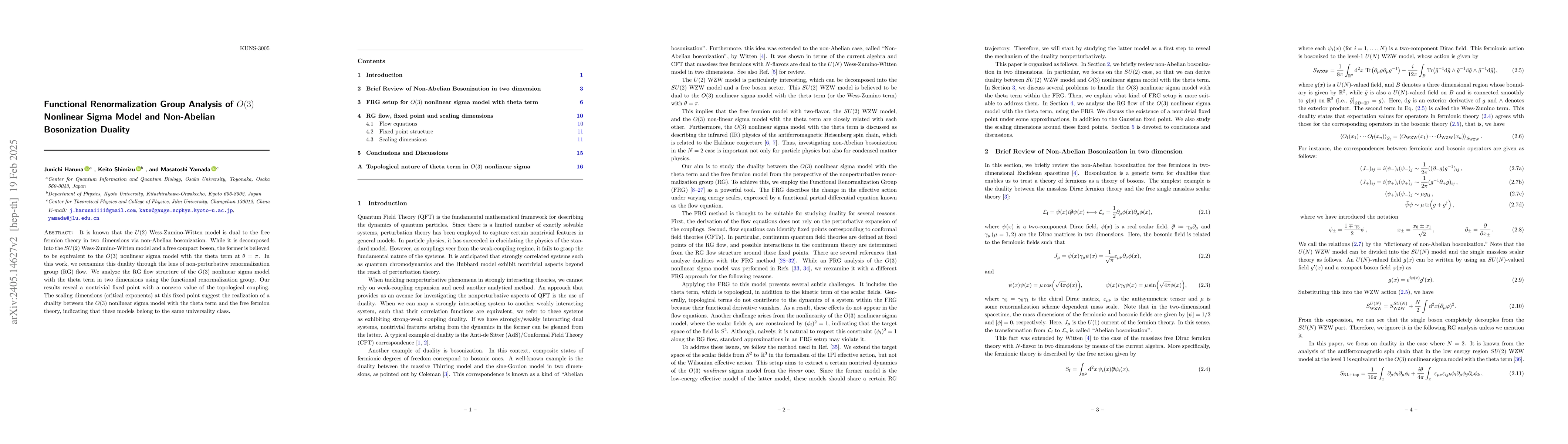 Thumbnail for Functional Renormalization Group Analysis of $O(3)$ Nonlinear Sigma
  Model and Non-Abelian Bosonization Duality