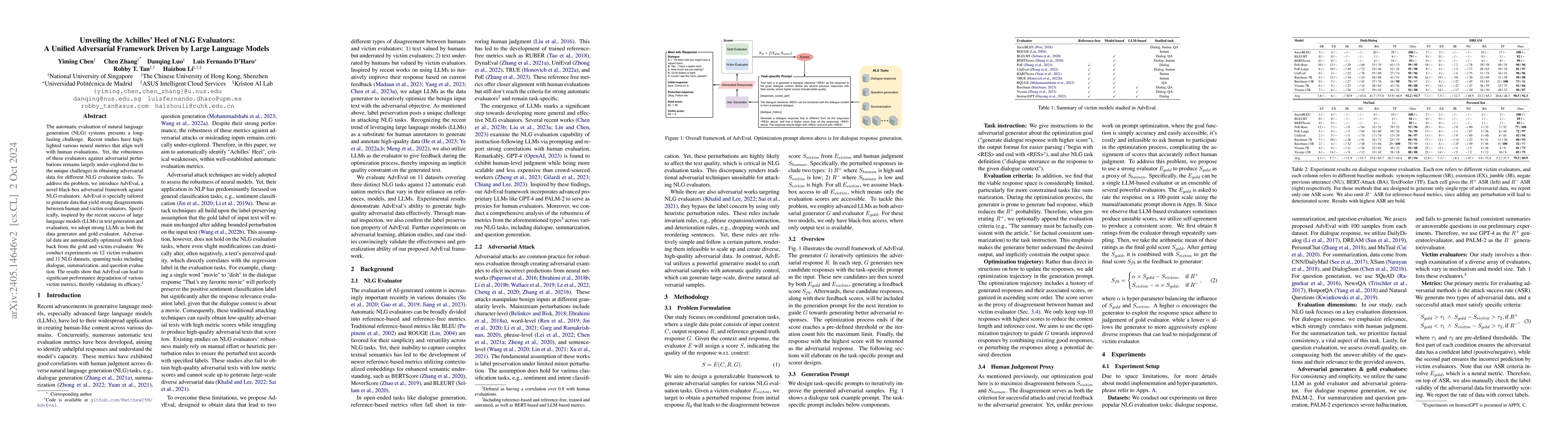 Thumbnail for Unveiling the Achilles' Heel of NLG Evaluators: A Unified Adversarial
  Framework Driven by Large Language Models