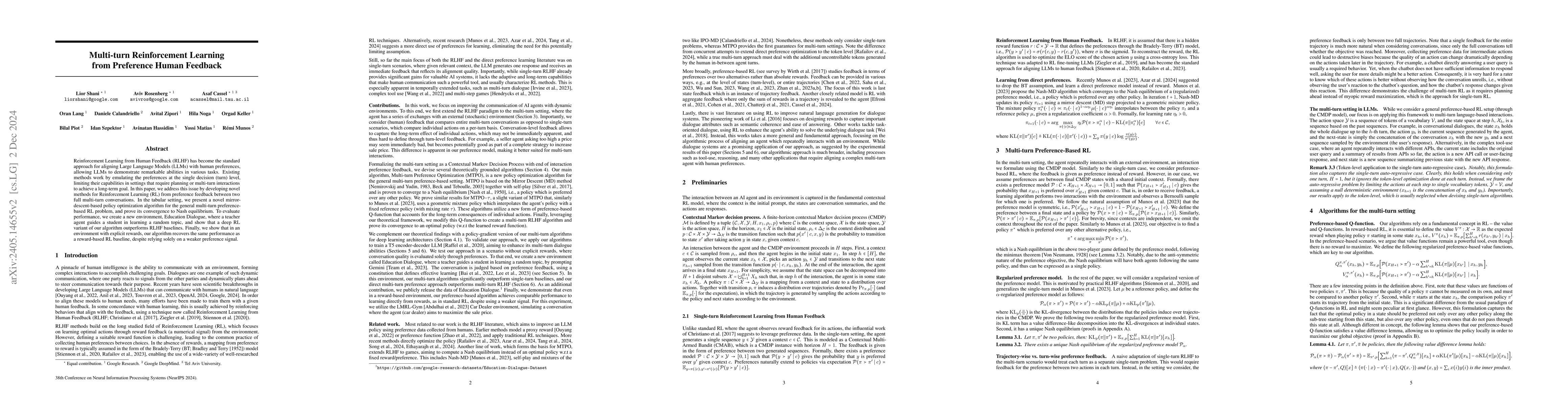 Thumbnail for Multi-turn Reinforcement Learning from Preference Human Feedback