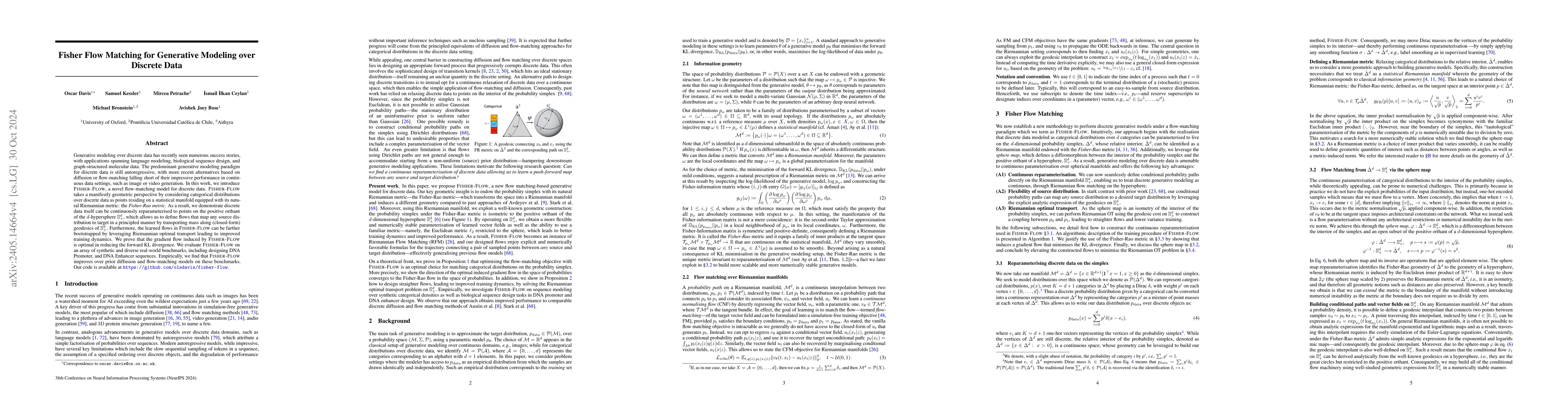 Thumbnail for Fisher Flow Matching for Generative Modeling over Discrete Data