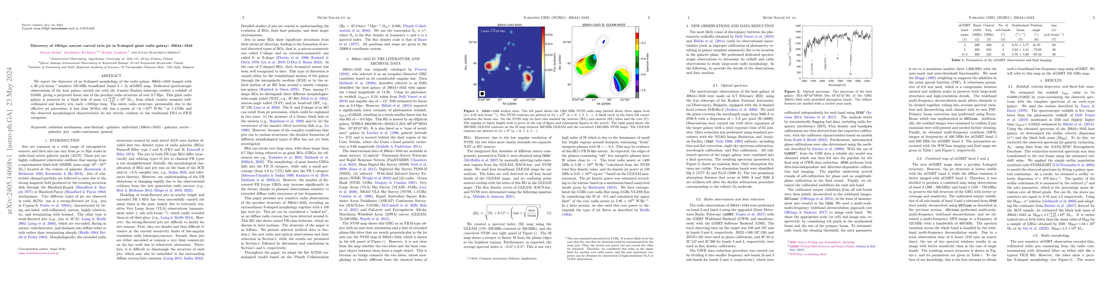 Thumbnail for Discovery of 100 kpc narrow curved twin jet in S-shaped giant radio
  galaxy: J0644+1043