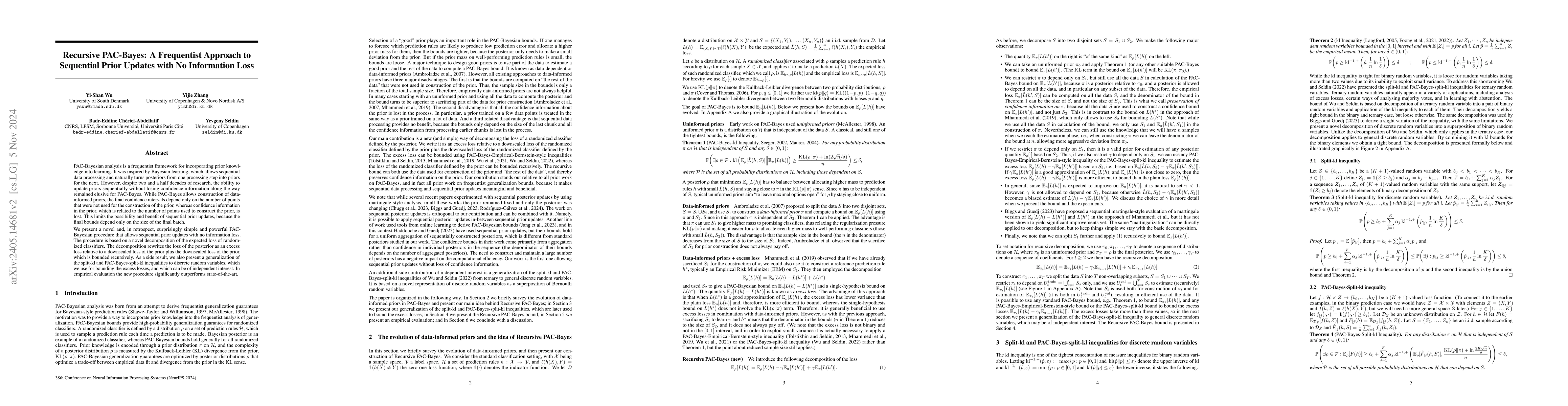 Thumbnail for Recursive PAC-Bayes: A Frequentist Approach to Sequential Prior Updates
  with No Information Loss