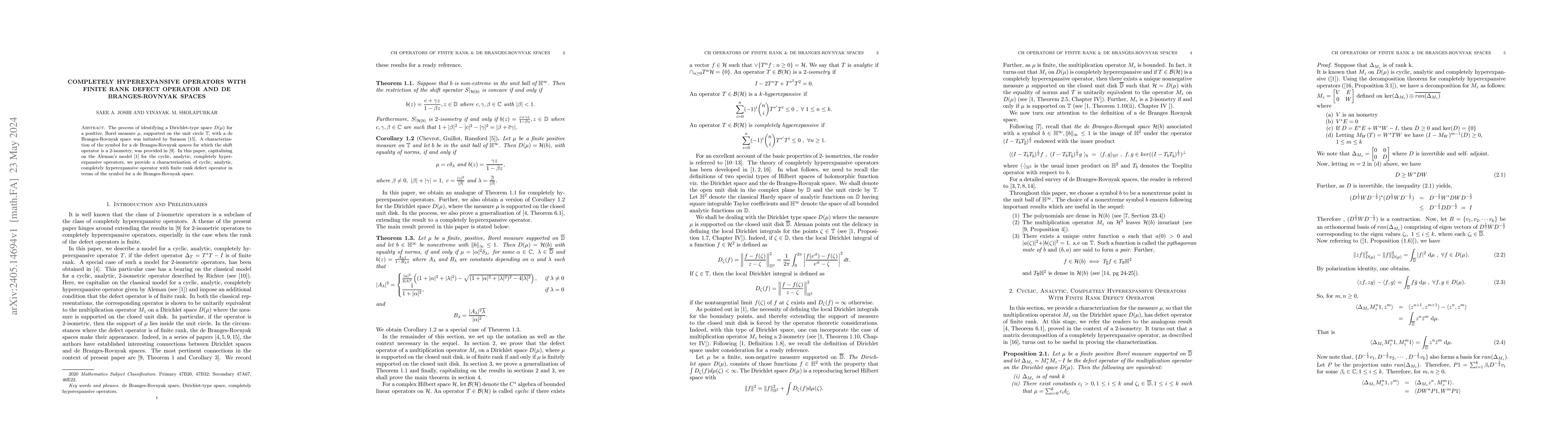 Thumbnail for Completely hyperexpansive operators with finite rank defect operator and
  de Branges-Rovnyak spaces