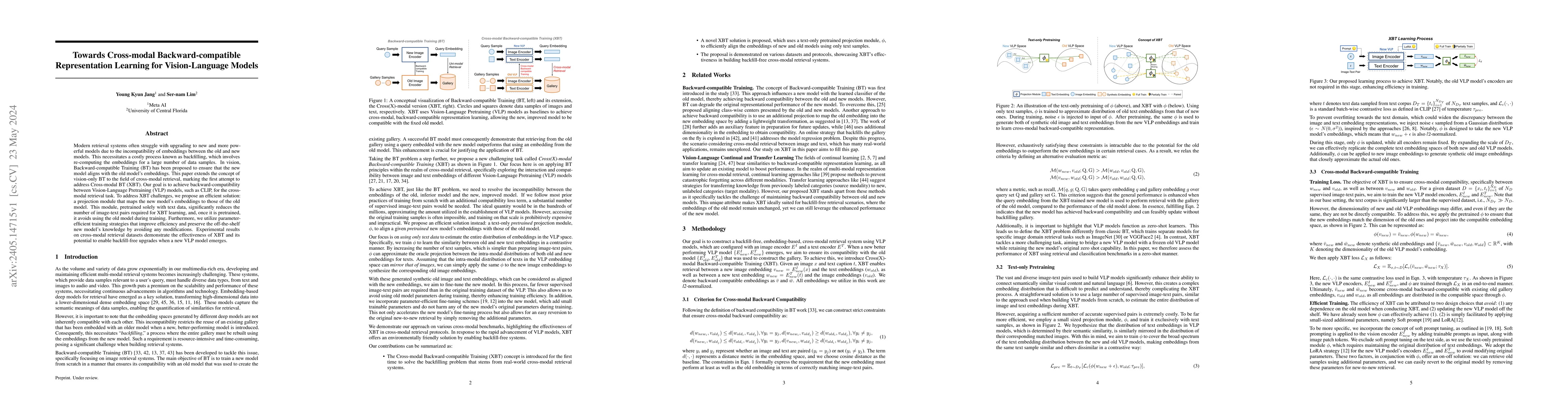 Thumbnail for Towards Cross-modal Backward-compatible Representation Learning for
  Vision-Language Models
