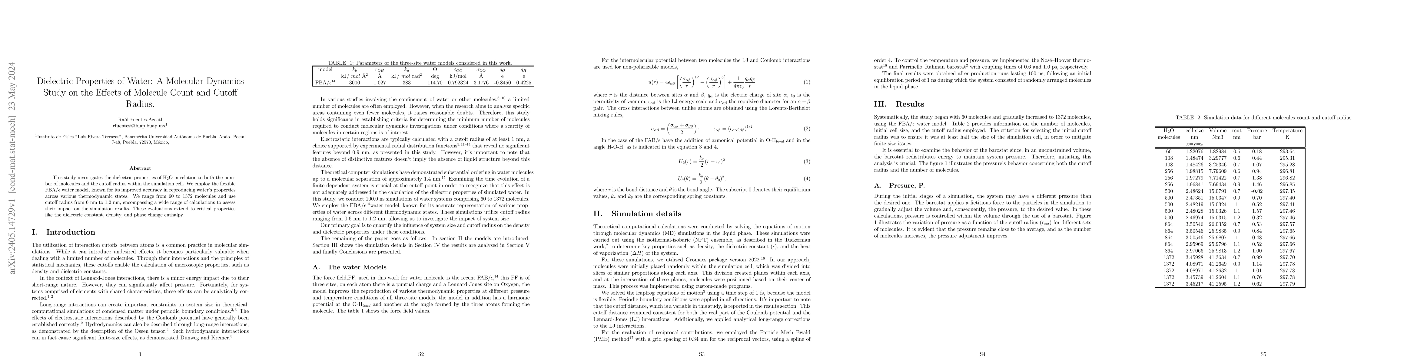 Thumbnail for Dielectric Properties of Water: A Molecular Dynamics Study on the
  Effects of Molecule Count and Cutoff Radius