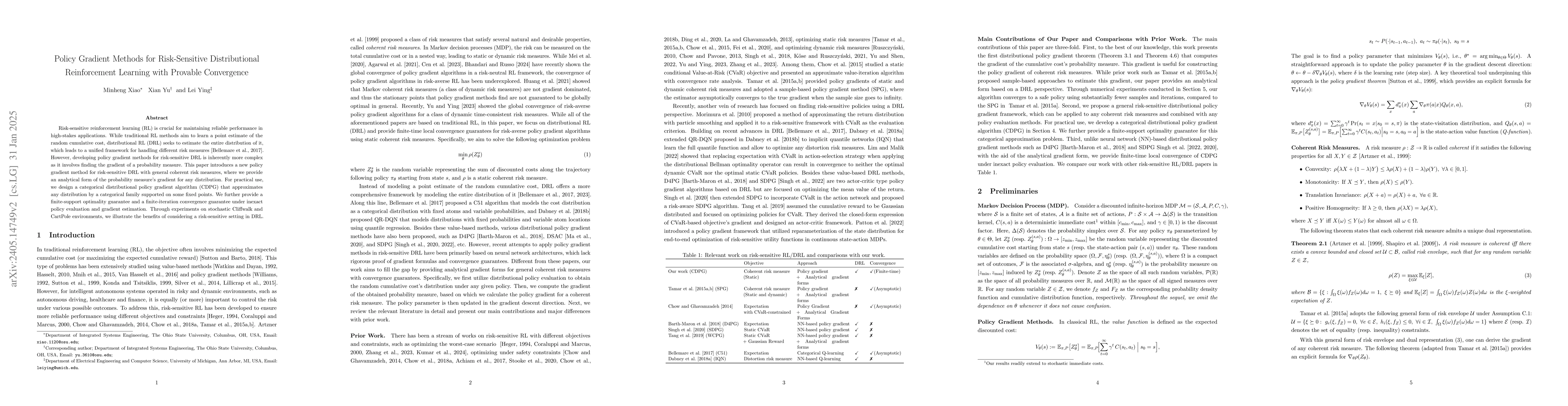 Thumbnail for Policy Gradient Methods for Risk-Sensitive Distributional Reinforcement
  Learning with Provable Convergence