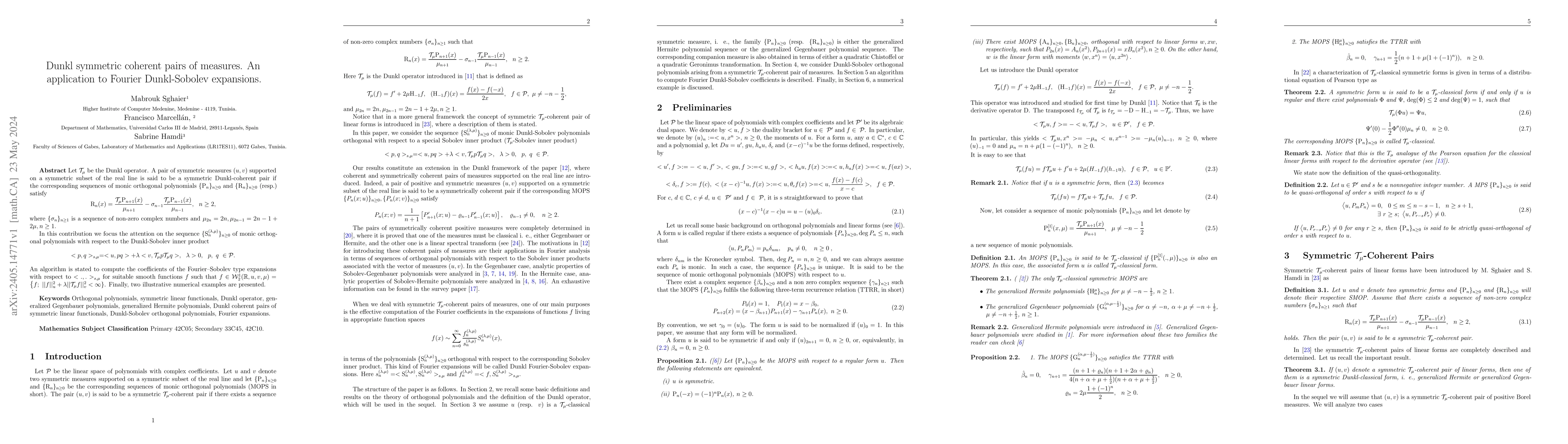 Thumbnail for Dunkl symmetric coherent pairs of measures. An application to Fourier
  Dunkl-Sobolev expansions
