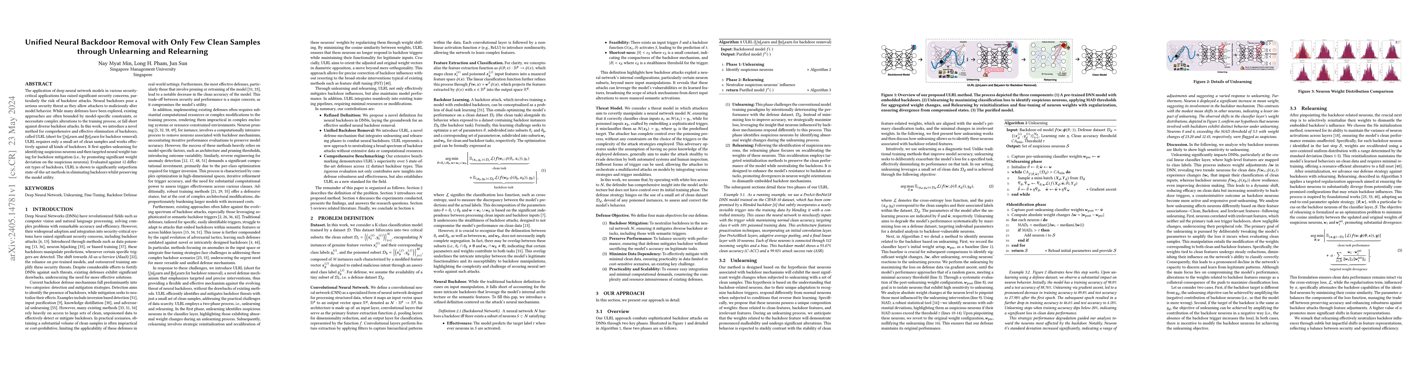 Thumbnail for Unified Neural Backdoor Removal with Only Few Clean Samples through
  Unlearning and Relearning