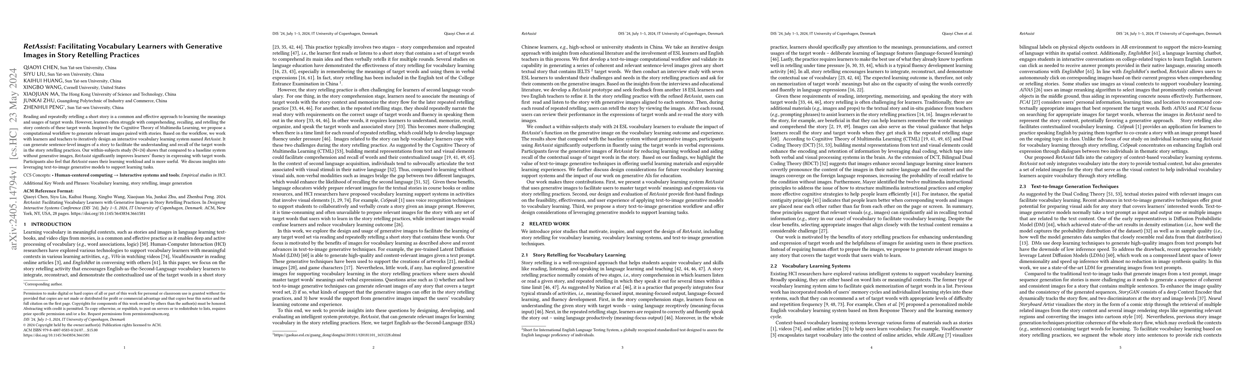 Thumbnail for RetAssist: Facilitating Vocabulary Learners with Generative Images in
  Story Retelling Practices