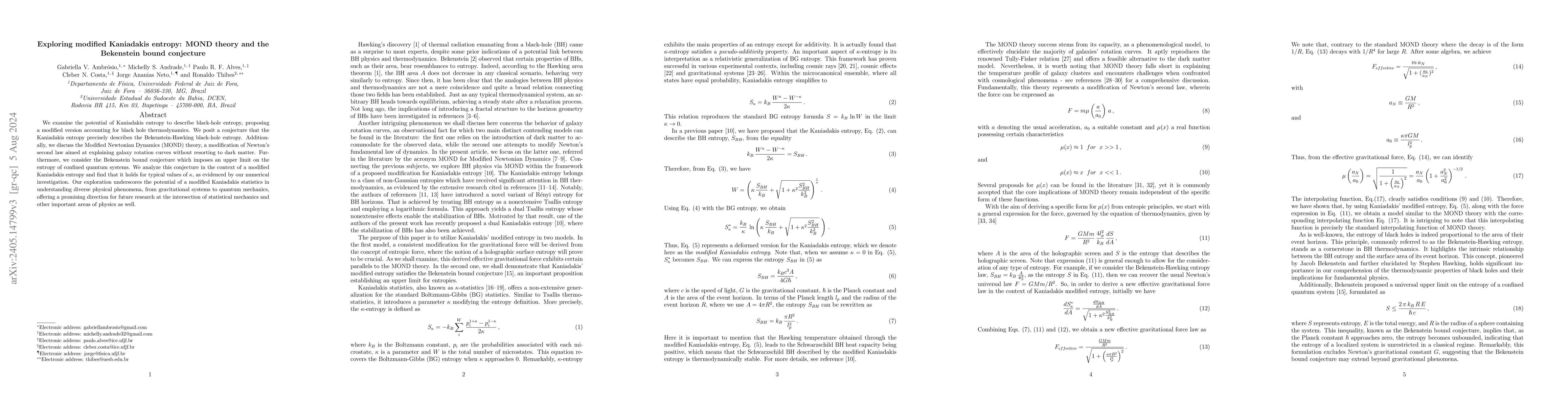 Thumbnail for Exploring modified Kaniadakis entropy: MOND theory and the Bekenstein
  bound conjecture