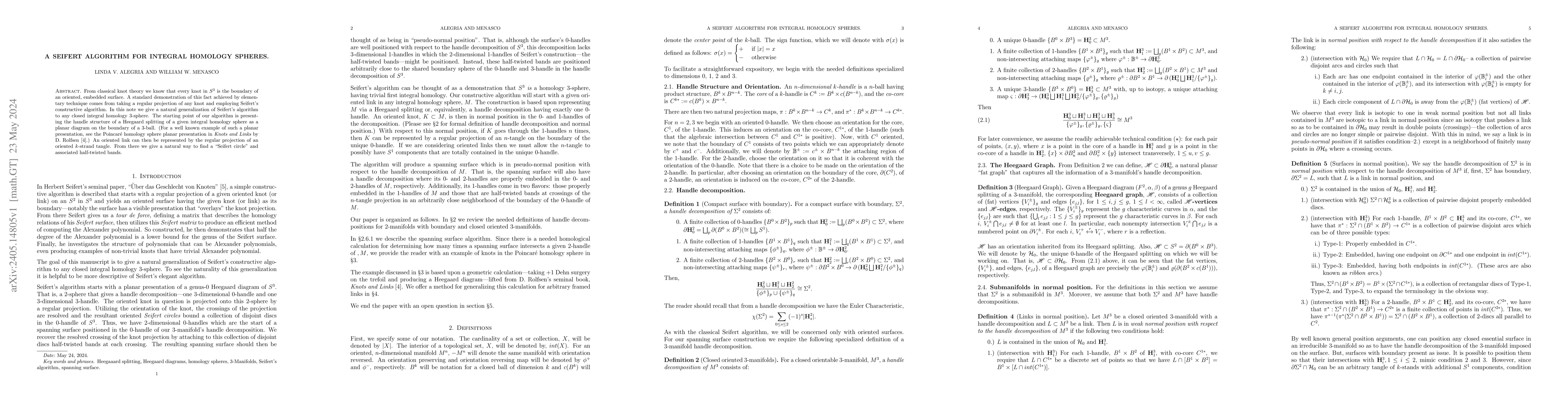 Thumbnail for A Seifert algorithm for integral homology spheres