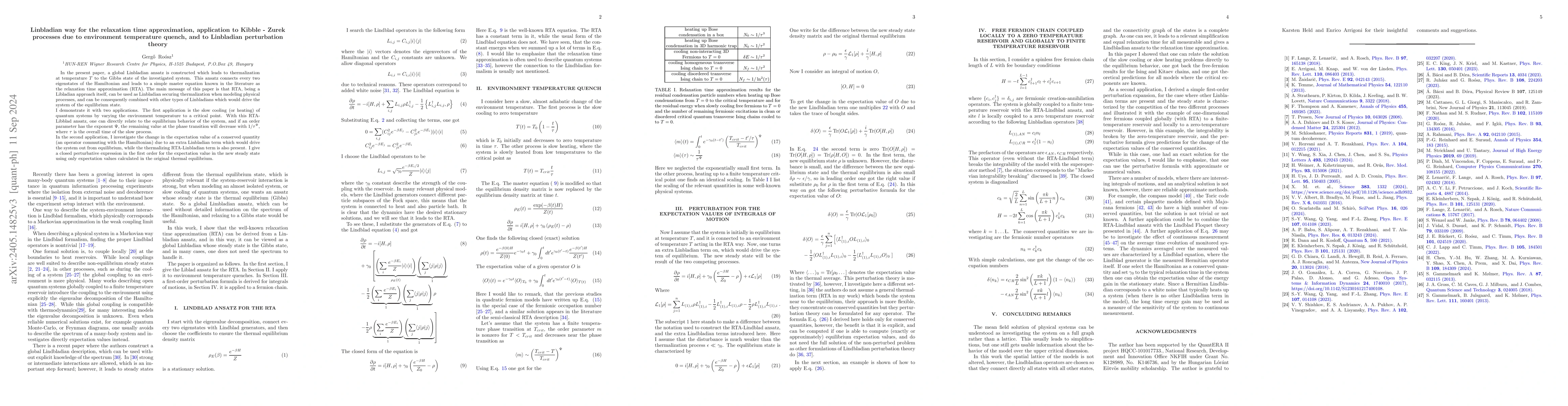 Thumbnail for Lindbladian way for the relaxation time approximation, application to
  Kibble-Zurek processes due to environment temperature quench, and to
  Lindbladian perturbation theory