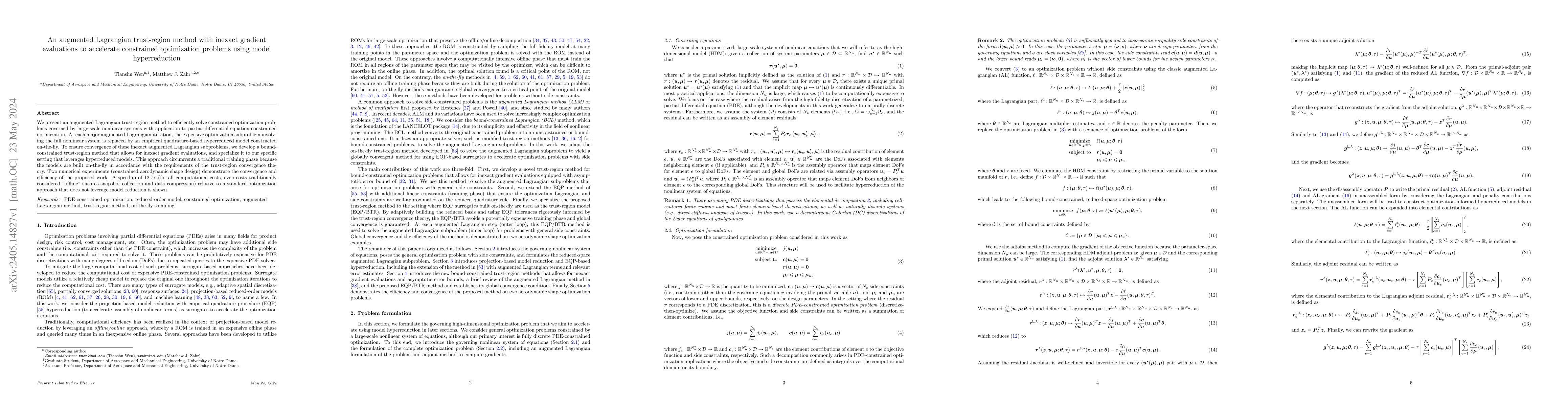Thumbnail for An augmented Lagrangian trust-region method with inexact gradient
  evaluations to accelerate constrained optimization problems using model
  hyperreduction