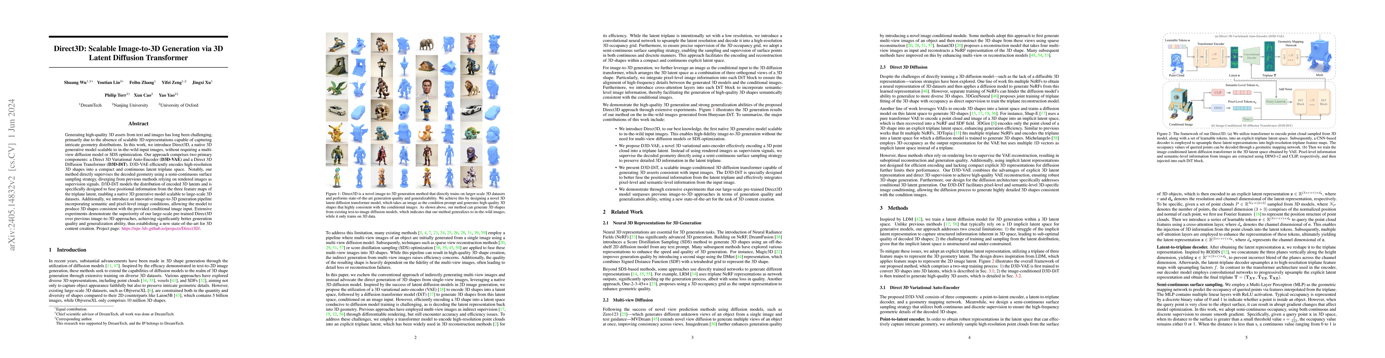 Thumbnail for Direct3D: Scalable Image-to-3D Generation via 3D Latent Diffusion
  Transformer