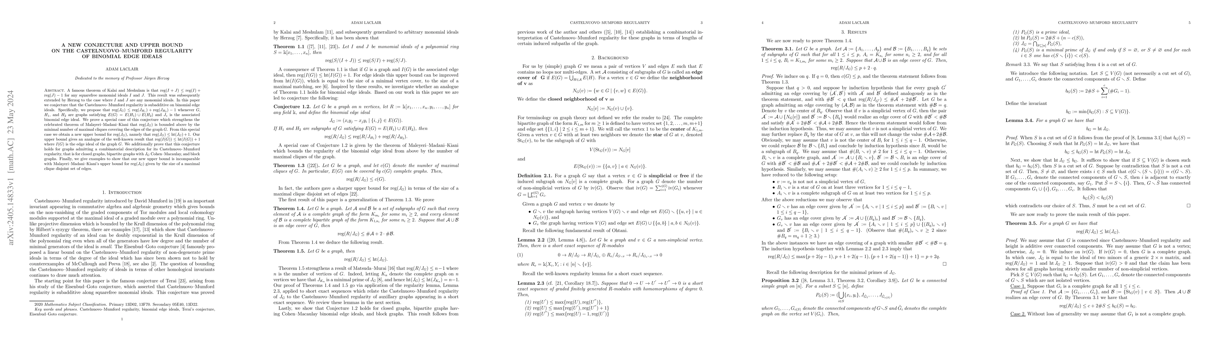 Thumbnail for A New Conjecture and Upper Bound on the Castelnuovo--Mumford Regularity
  of Binomial Edge Ideals