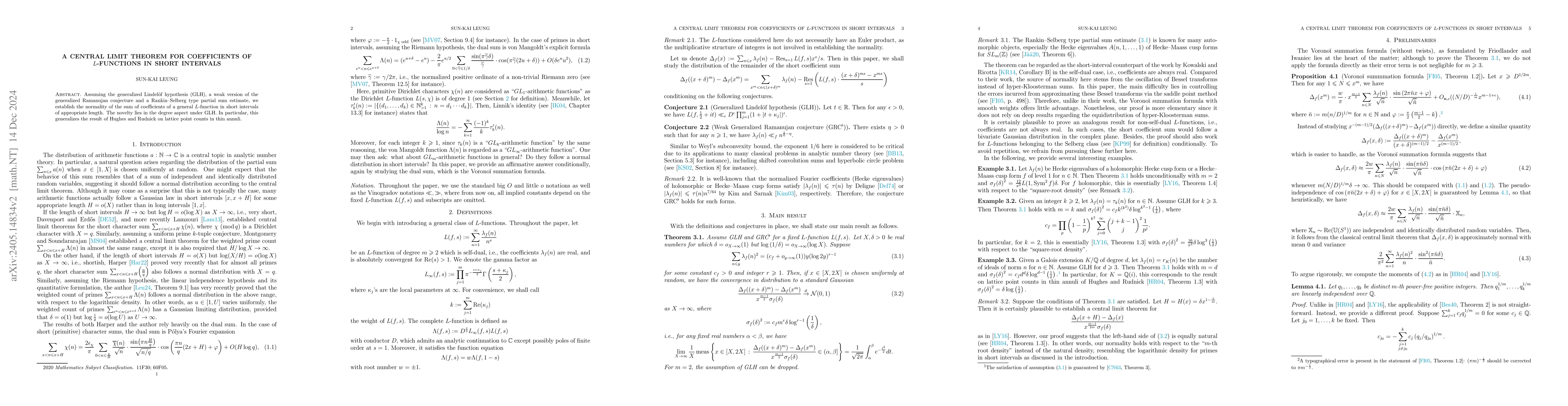 Thumbnail for A central limit theorem for coefficients of L-functions in short
  intervals