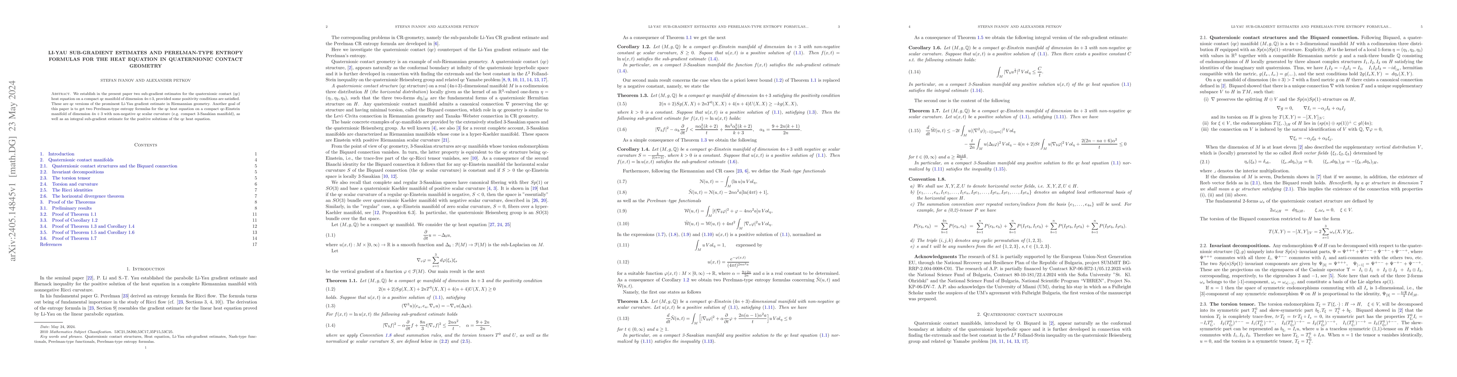 Thumbnail for Li-Yau sub-gradient estimates and Perelman-type entropy formulas for the
  heat equation in quaternionic contact geometry