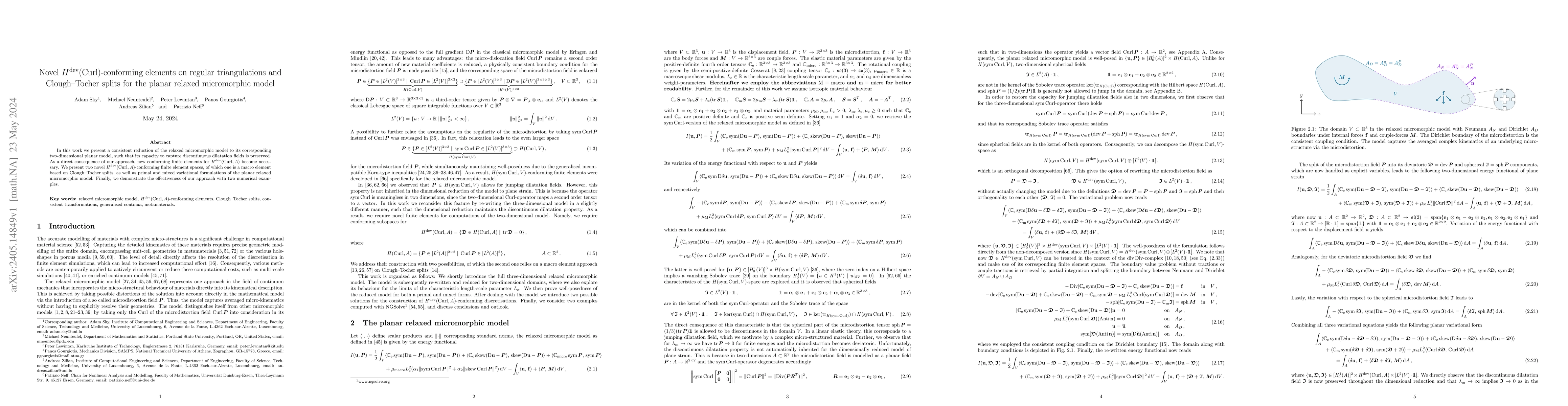 Thumbnail for Novel $H^\mathrm{dev}(\mathrm{Curl})$-conforming elements on regular
  triangulations and Clough--Tocher splits for the planar relaxed micromorphic
  model
