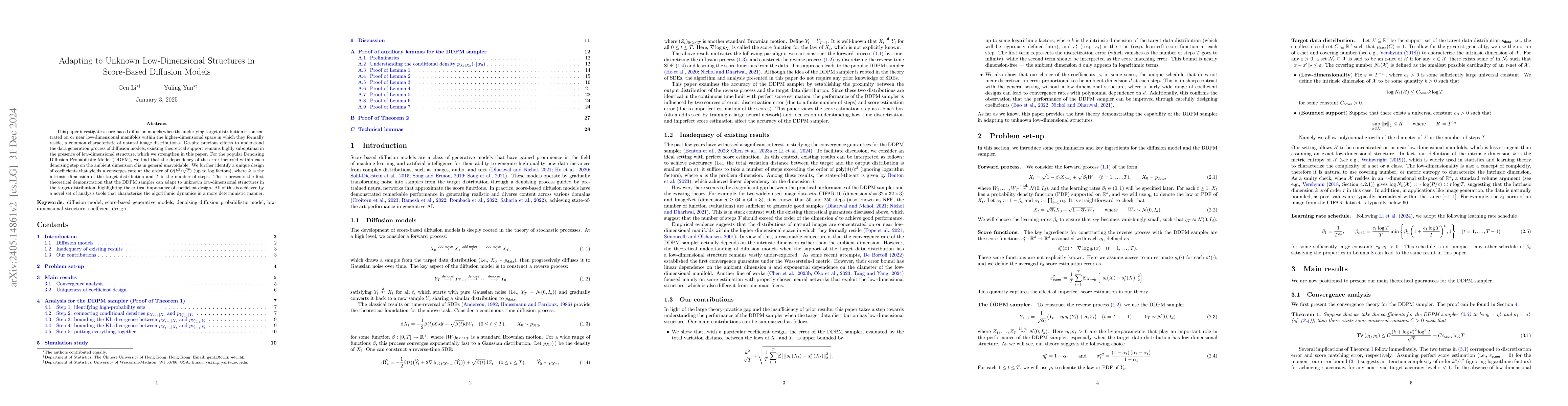 Thumbnail for Adapting to Unknown Low-Dimensional Structures in Score-Based Diffusion
  Models