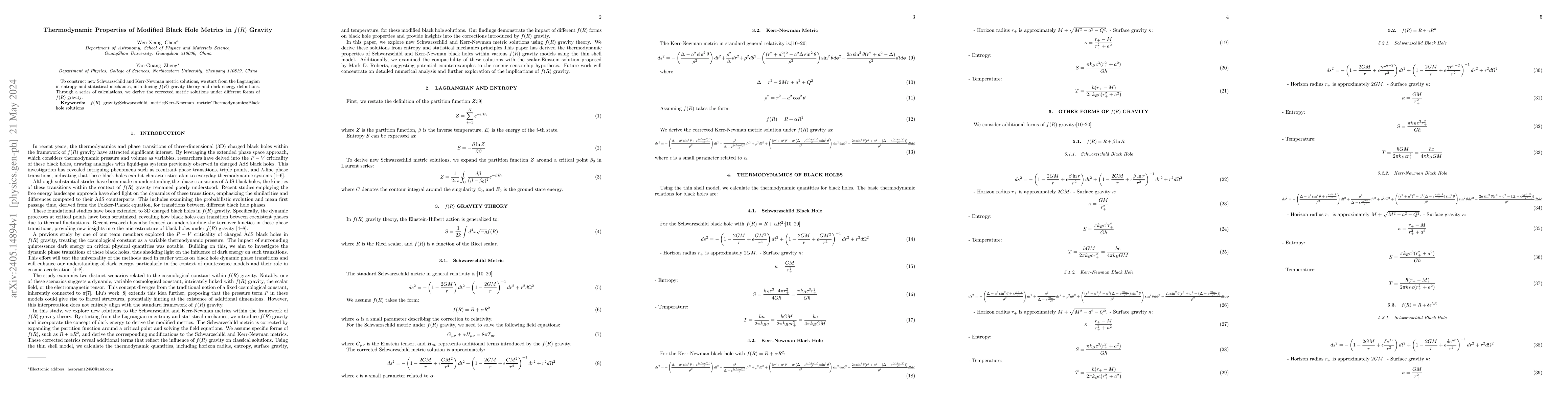 Thumbnail for Thermodynamic Properties of Modified Black Hole Metrics in $f(R)$
  Gravity