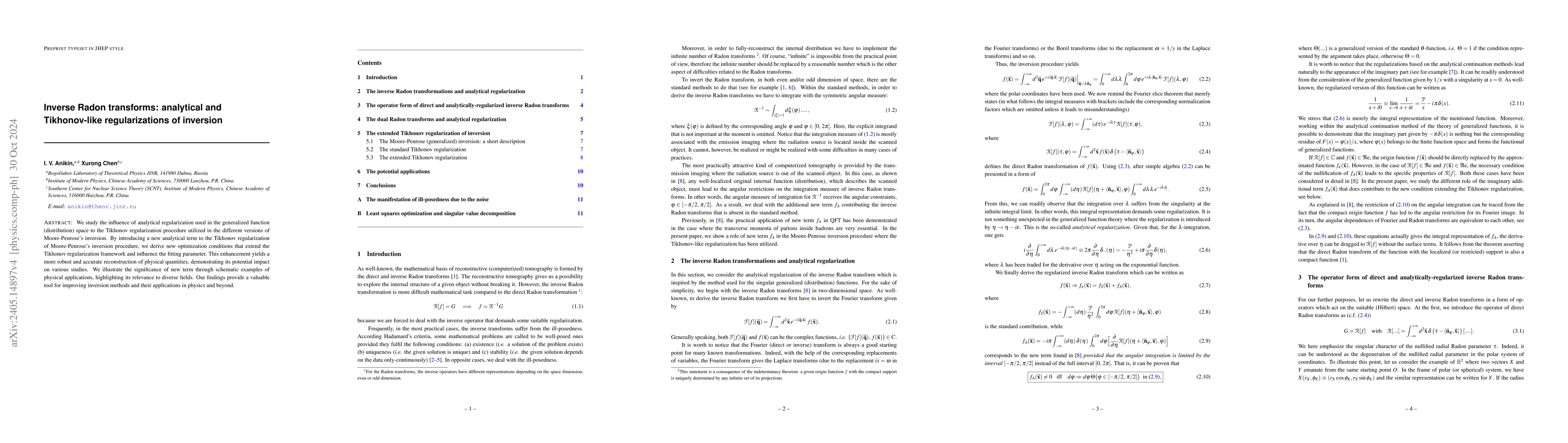 Thumbnail for Inverse Radon transforms: analytical and Tikhonov-like regularizations
  of inversion