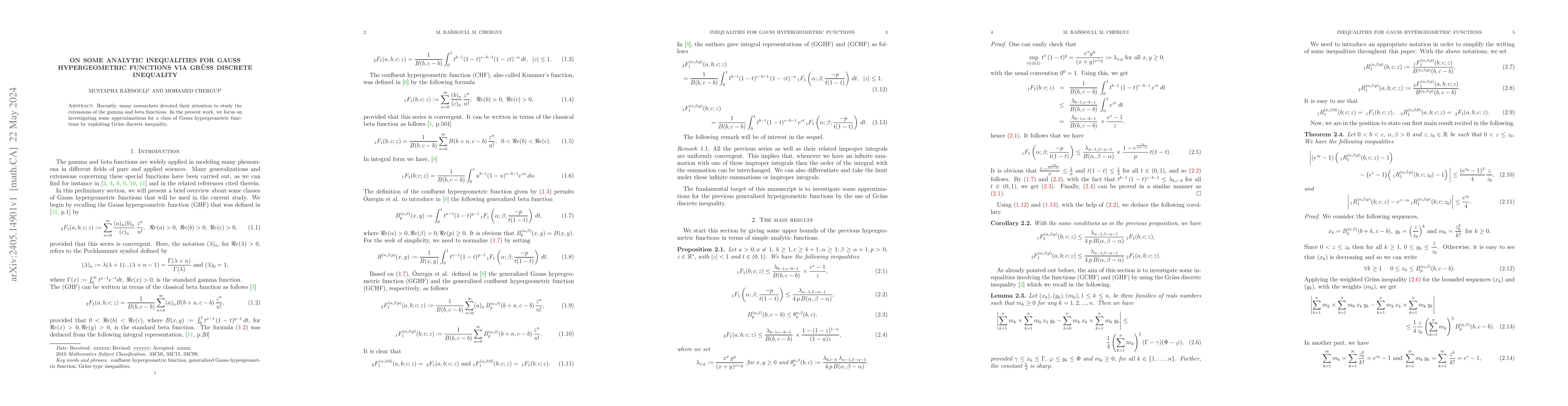 Thumbnail for On some Analytic Inequalities for Gauss Hypergeometric Functions via
  Gruss Discrete Inequality