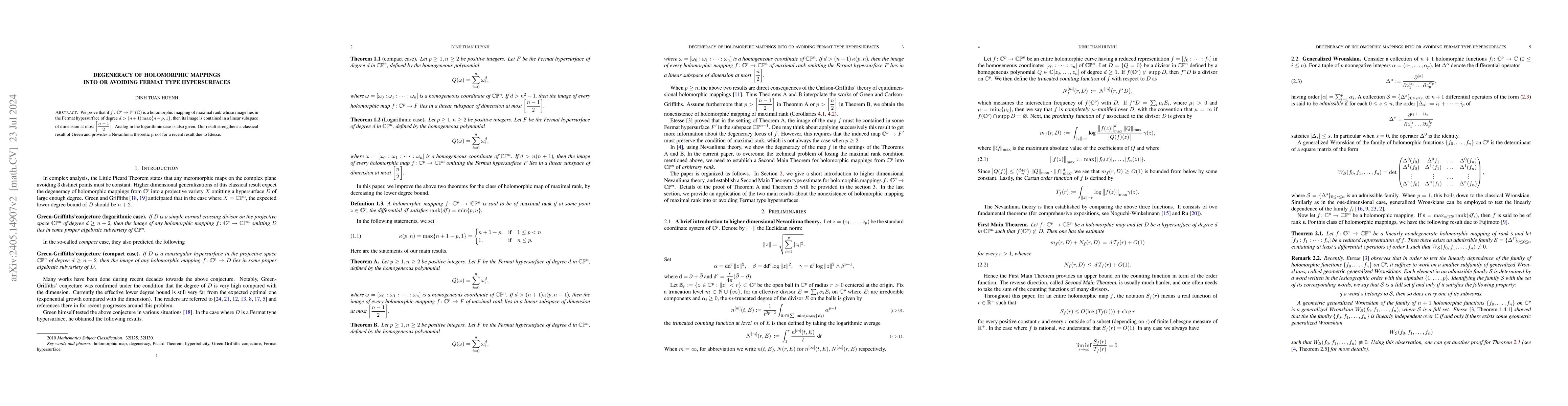 Thumbnail for Degeneracy of holomorphic mappings into or avoiding Fermat type
  hypersurfaces