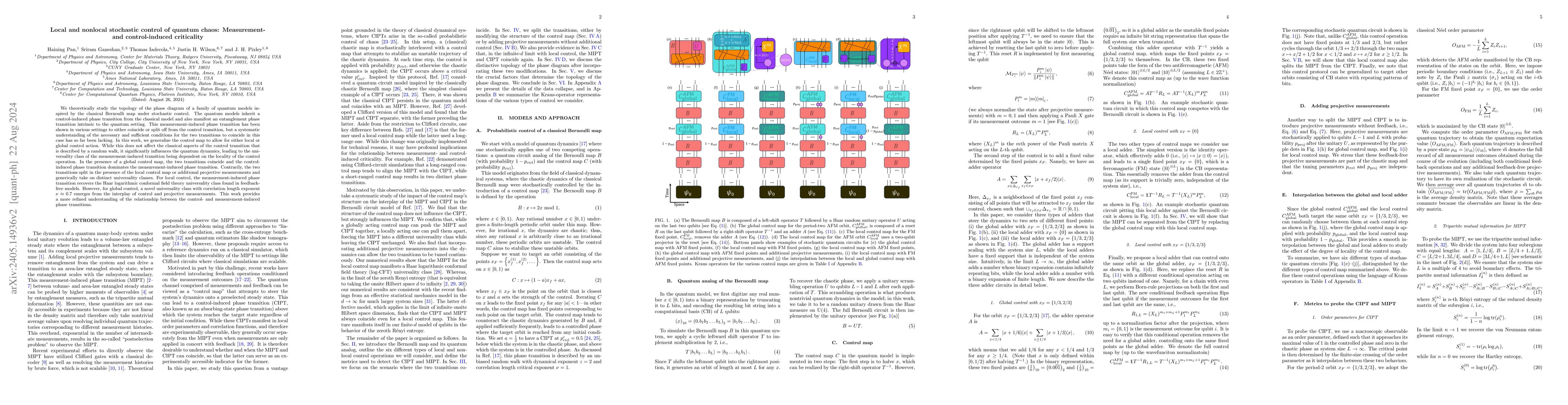 Thumbnail for Local and nonlocal stochastic control of quantum chaos: Measurement- and
  control-induced criticality
