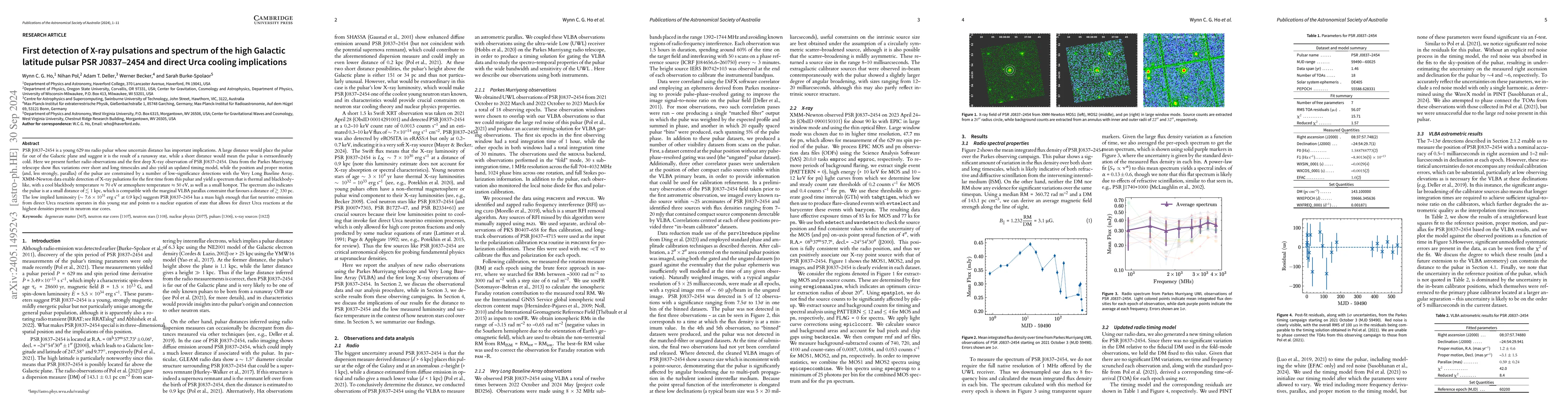 Thumbnail for First detection of X-ray pulsations and spectrum of the high Galactic
  latitude pulsar PSR J0837-2454 and direct Urca cooling implications