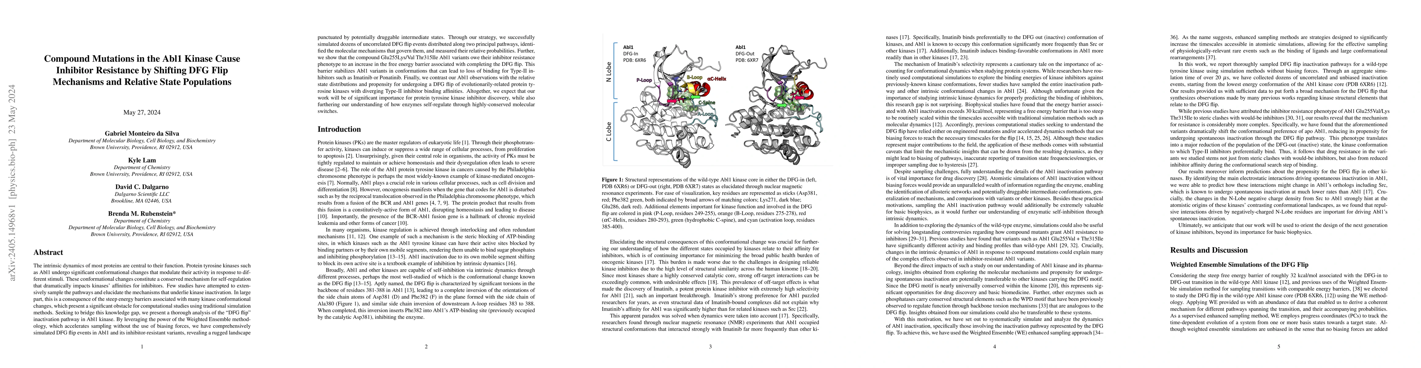 Thumbnail for Compound Mutations in the Abl1 Kinase Cause Inhibitor Resistance by
  Shifting DFG Flip Mechanisms and Relative State Populations