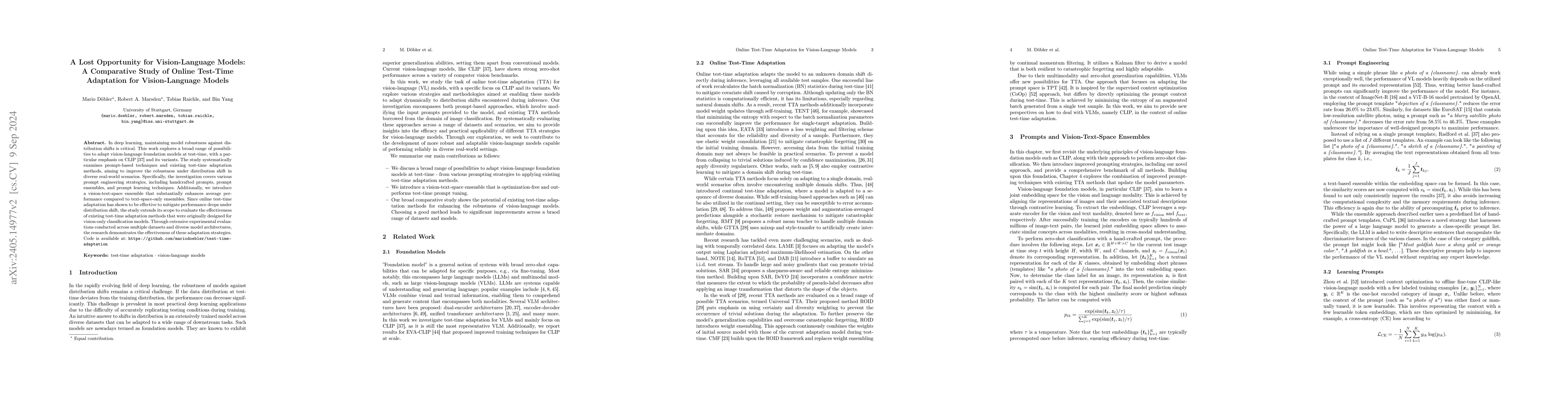 Thumbnail for A Lost Opportunity for Vision-Language Models: A Comparative Study of
  Online Test-time Adaptation for Vision-Language Models