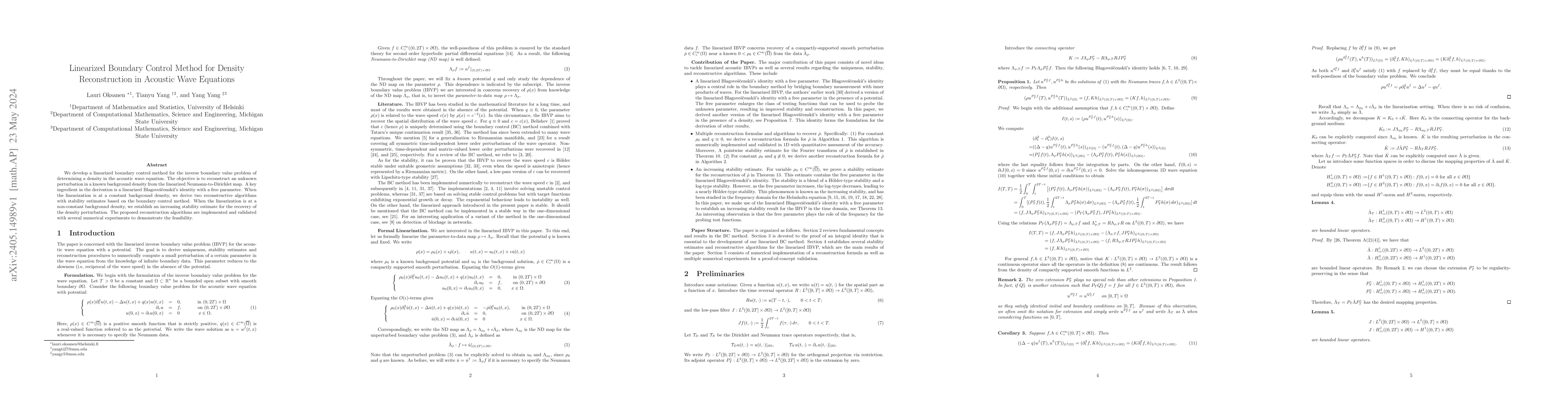 Thumbnail for Linearized Boundary Control Method for Density Reconstruction in
  Acoustic Wave Equations