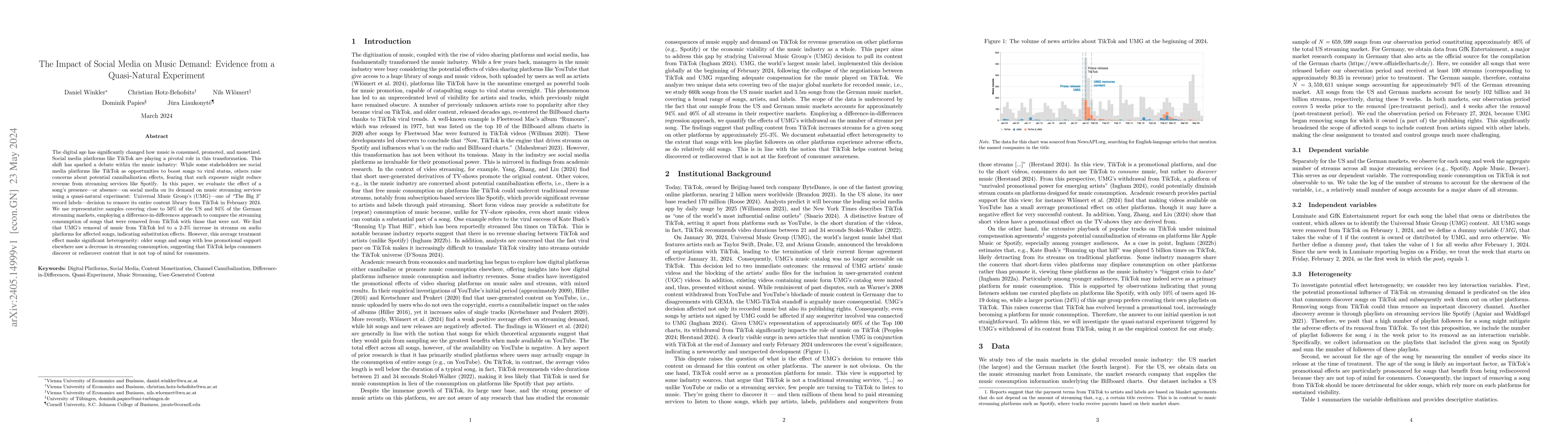 Thumbnail for The Impact of Social Media on Music Demand: Evidence from a
  Quasi-Natural Experiment