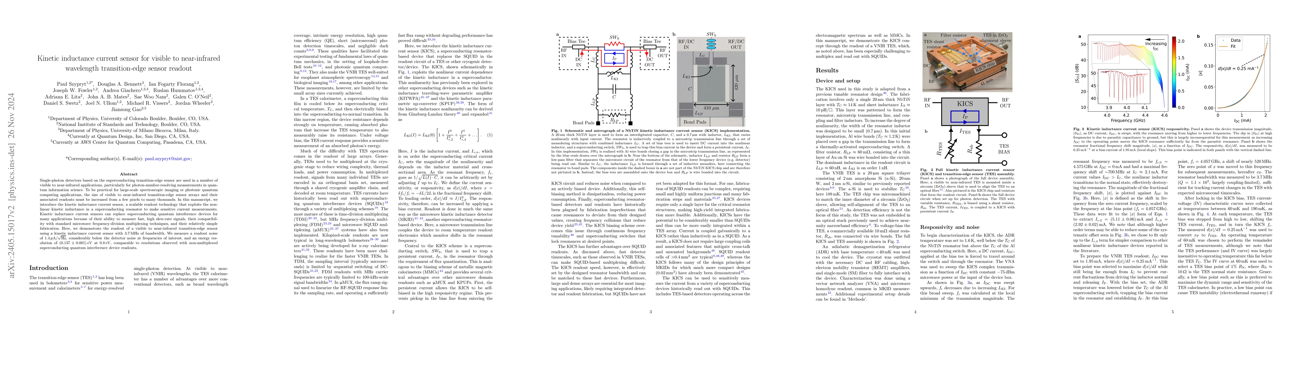 Thumbnail for Kinetic inductance current sensor for visible to near-infrared
  wavelength transition-edge sensor readout