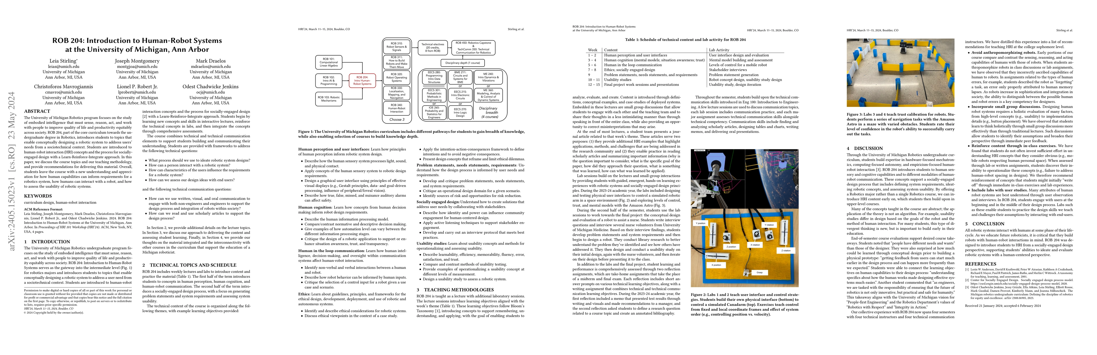 Thumbnail for ROB 204: Introduction to Human-Robot Systems at the University of
  Michigan, Ann Arbor