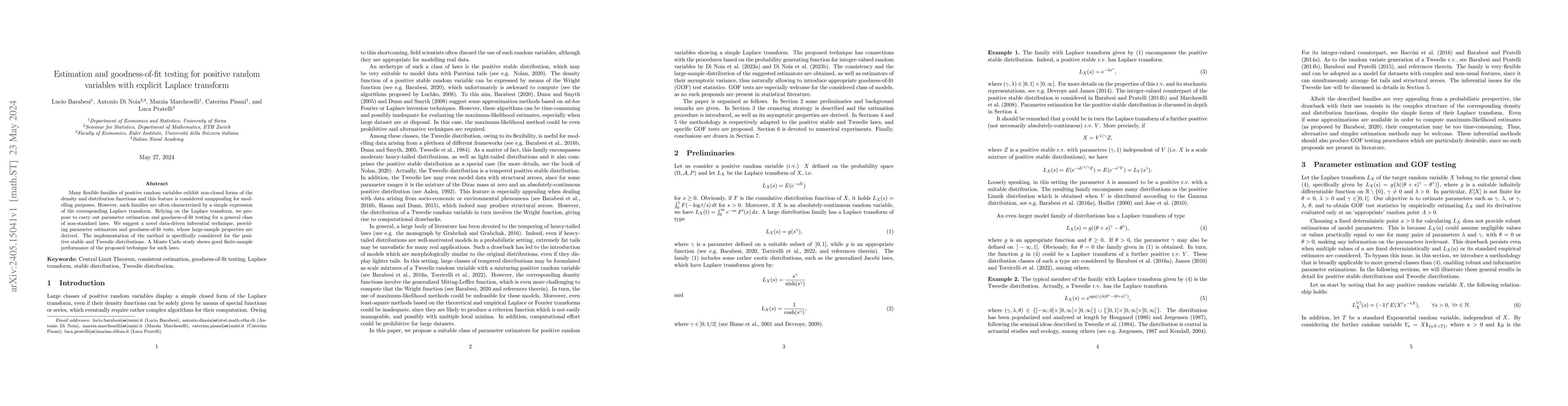 Thumbnail for Estimation and goodness-of-fit testing for positive random variables
  with explicit Laplace transform