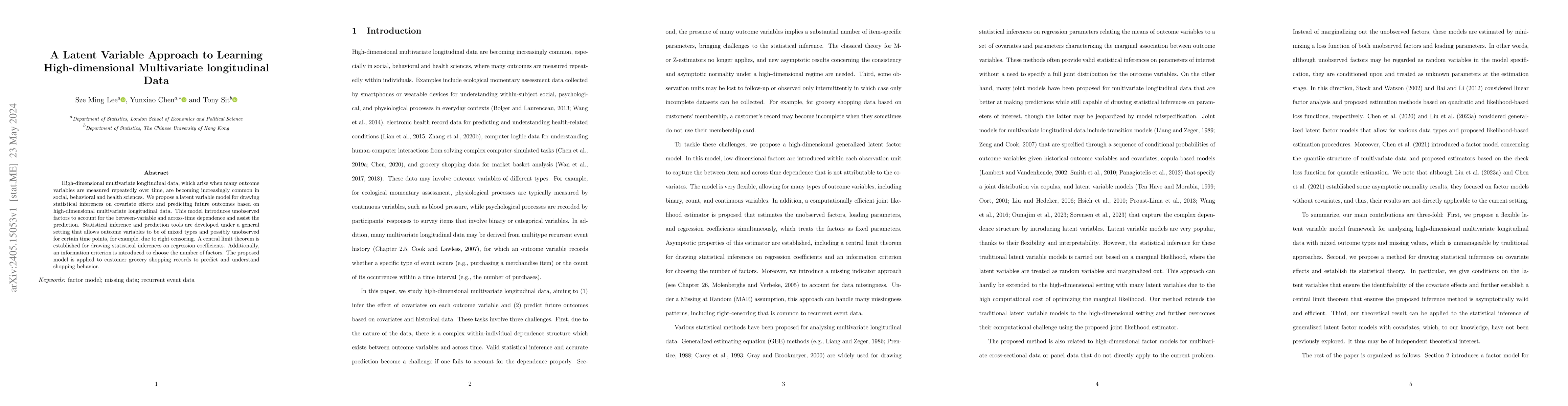 Thumbnail for A Latent Variable Approach to Learning High-dimensional Multivariate
  longitudinal Data