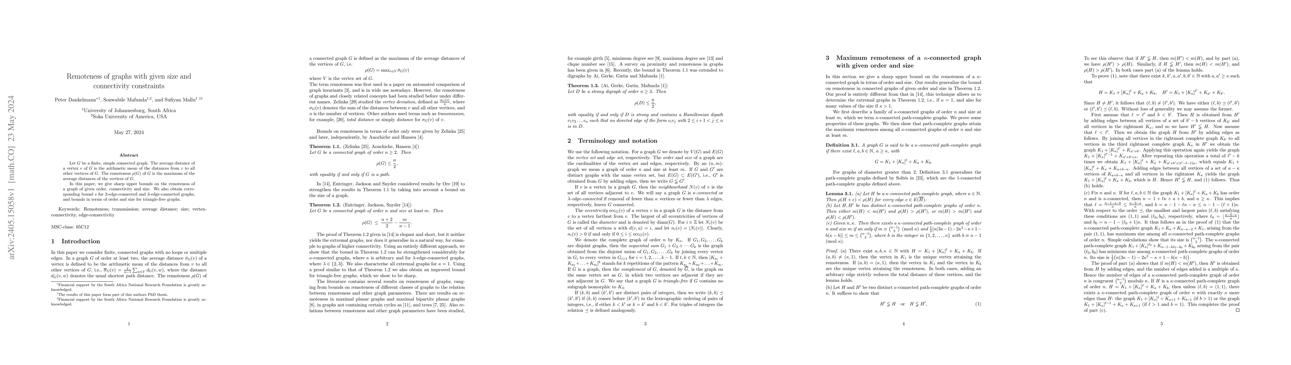 Thumbnail for Remoteness of graphs with given size and connectivity constraints