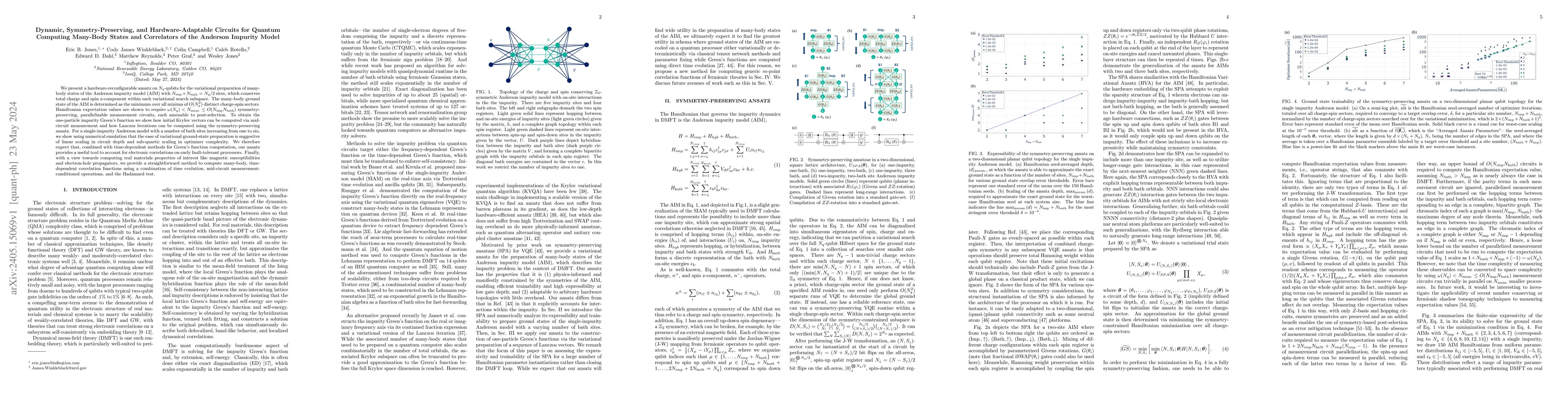 Thumbnail for Dynamic, Symmetry-Preserving, and Hardware-Adaptable Circuits for
  Quantum Computing Many-Body States and Correlators of the Anderson Impurity
  Model