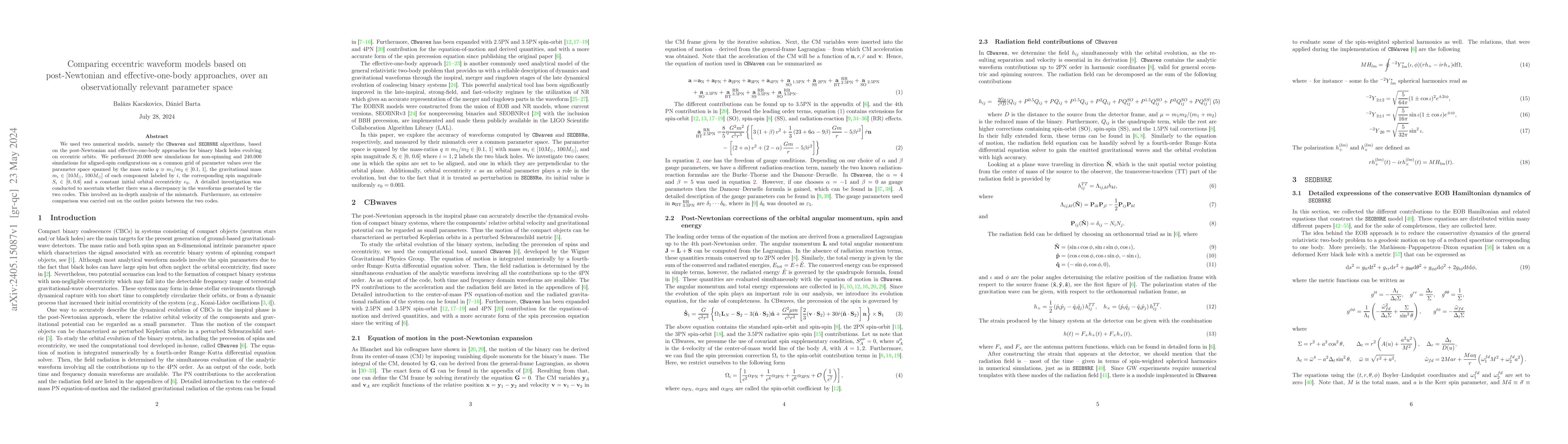 Thumbnail for Comparing eccentric waveform models based on post-Newtonian and
  effective-one-body approaches, over an observationally relevant parameter
  space