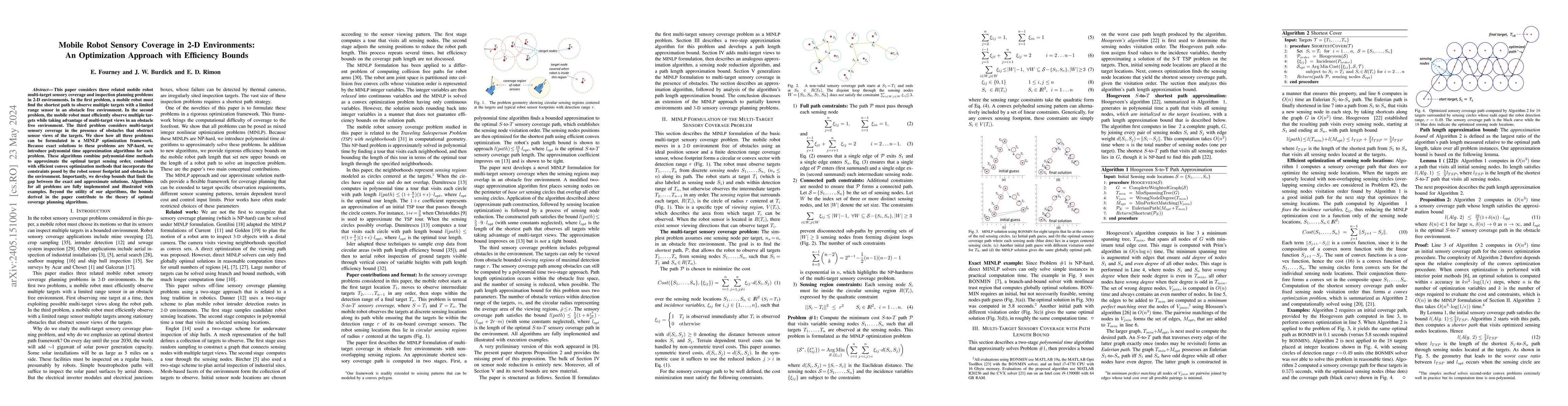 Thumbnail for Mobile Robot Sensory Coverage in 2-D Environments: An Optimization
  Approach with Efficiency Bounds