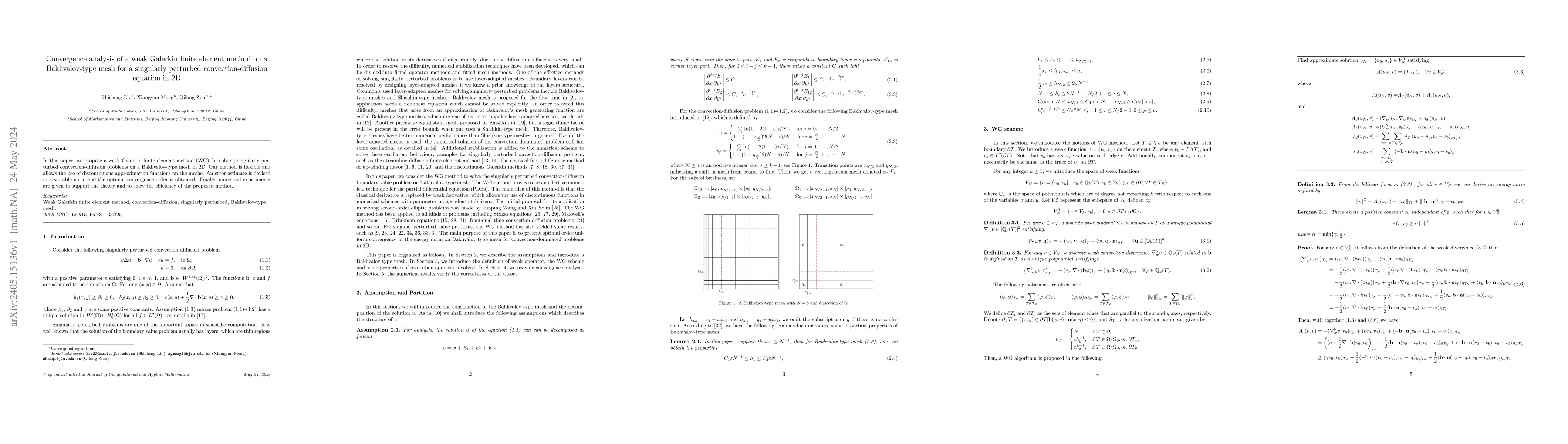 Thumbnail for Convergence analysis of a weak Galerkin finite element method on a
  Bakhvalov-type mesh for a singularly perturbed convection-diffusion equation
  in 2D