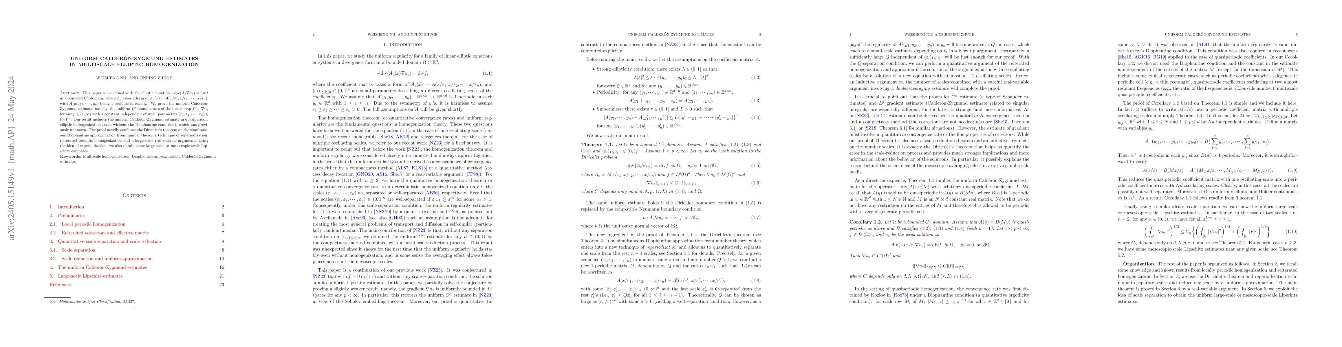 Thumbnail for Uniform Calder\'{o}n-Zygmund estimates in multiscale elliptic
  homogenization