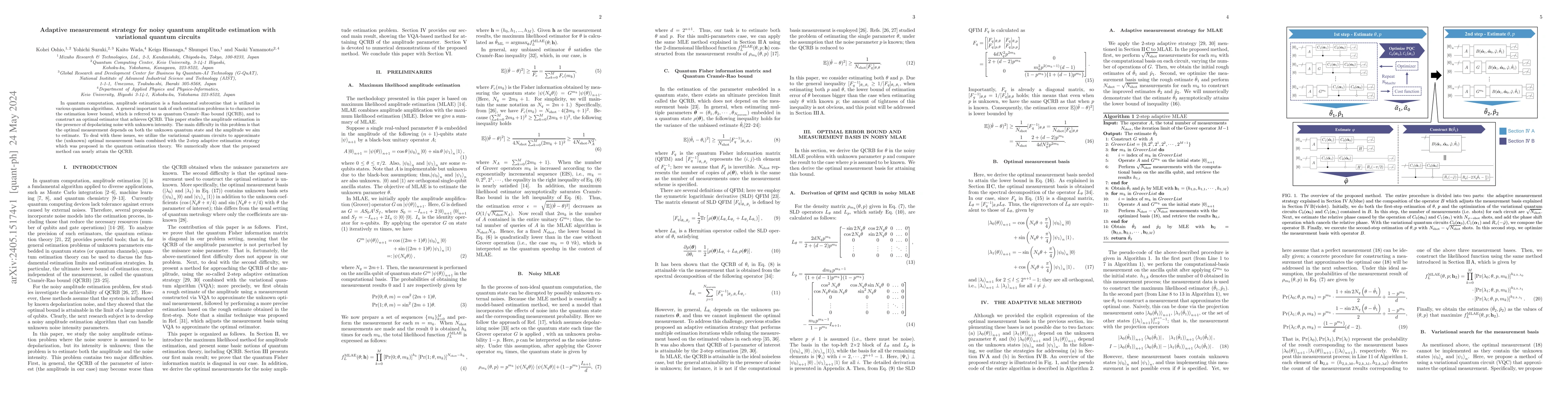 Thumbnail for Adaptive measurement strategy for noisy quantum amplitude estimation
  with variational quantum circuits